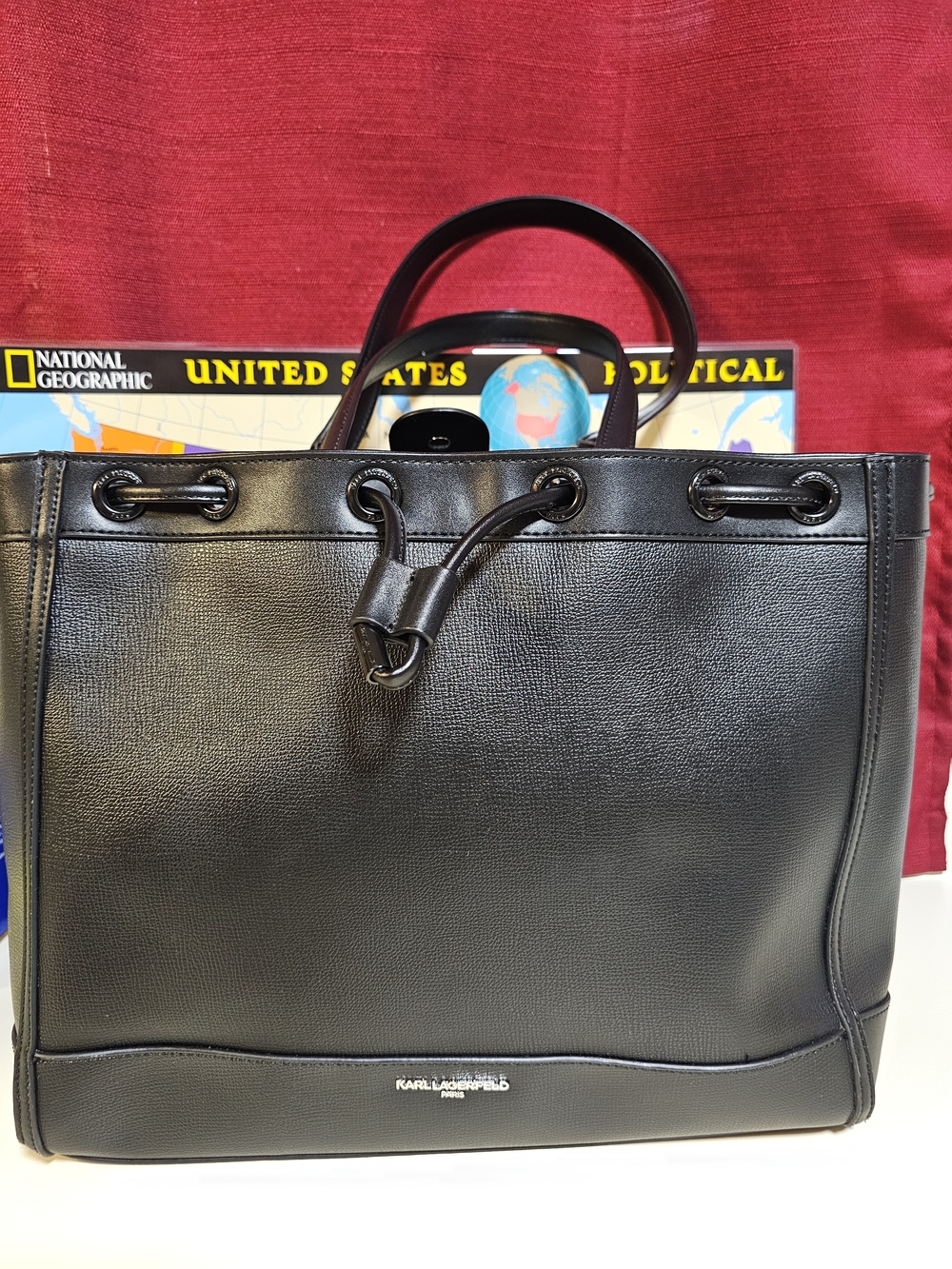 Karl Lagerfeld Black Leather Drawstring Briefcase Tote
